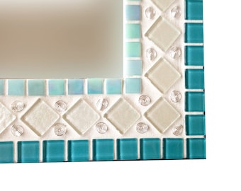 Teal, Aqua, White, Silver Wall Mirror // Mixed Media Mosaic