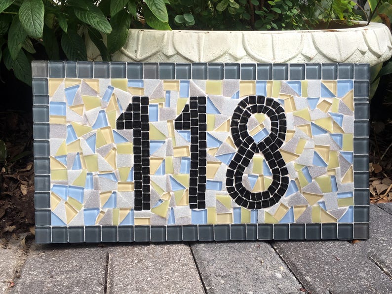 Outdoor House Numbers, Mosaic Address Sign in Gray, Yellow, Blue, White image 2