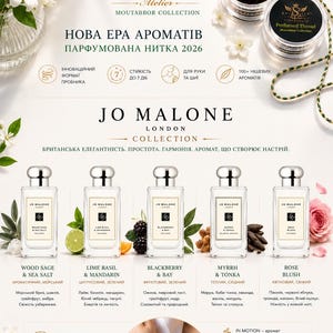 May include: A promotional display for Krivar Perfumed Thread and Jo Malone London colognes. The image features a jar of dark thread, five glass perfume bottles labeled Wood Sage & Sea Salt, Lime Basil & Mandarin, Blackberry & Bay, Myrrh & Tonka, and Rose Blush, alongside floral accents and text detailing product features and scent profiles.