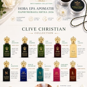 May include: A KRI VAR Perfumed Thread Atelier Moutabbor Collection display featuring a small jar of black perfumed thread, a black cord, and twelve Clive Christian perfume bottles with gold crowns, labeled with various scent profiles and names.