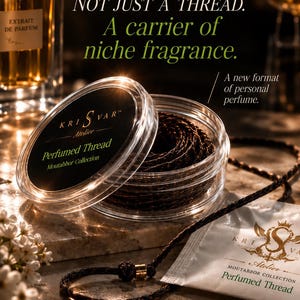 May include: A clear circular container holding a dark brown perfumed thread from the Kris Var Atelier Moutabbor Collection. The thread features a small gold-colored metal bead and is accompanied by a white branded sachet and text.