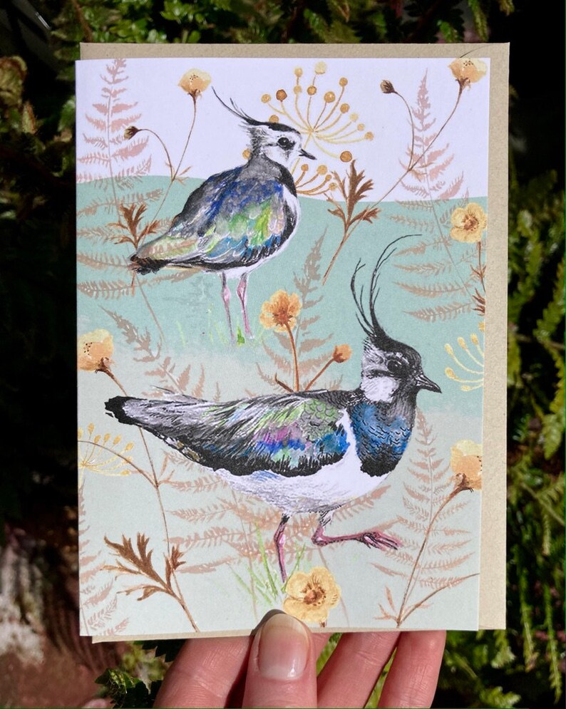 May include: A greeting card featuring a watercolor illustration of two birds with long black crests and colorful plumage standing in a field of green and brown foliage with yellow flowers.