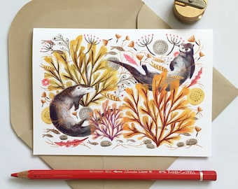 Playing Otters - A6 Greetings Card; Blank; Art Card