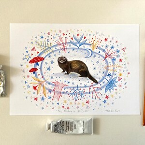 May include: A whimsical illustration of a weasel in a circle of colorful flowers, stars, and geometric shapes. The text "The Midnight Weasel!" and "Teresa Kirk" are at the bottom of the illustration.