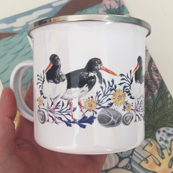 Oystercatcher Design Enamel Mug - Camping Mug; Wild Swimming Mug; Illustrated Tin Mug; Homeware Gift; Secret Santa