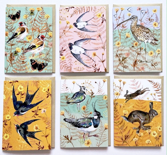 British Wildlife Note Cards: Hand-Painted Bird & Hare Art, Set of 6