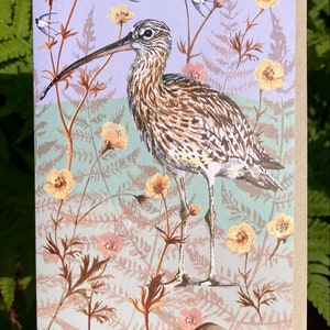May include: A greeting card featuring a brown and white bird with a long beak standing in a field of yellow and pink flowers. The background is a light blue color.