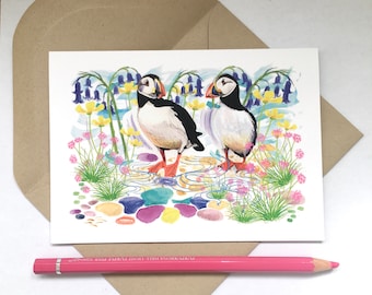 Puffins of Skomer - A6 Greetings Card; Blank; Art Card