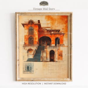 Historic Building Elevation, Amber Burnt Orange Architectural Printable Wall Art (Digital Download) 258