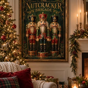 May include: A framed rectangular wall art piece titled The Nutcracker Brigade, featuring three detailed nutcracker figures in red and green uniforms standing on circular bases against a dark green background with gold lettering.
