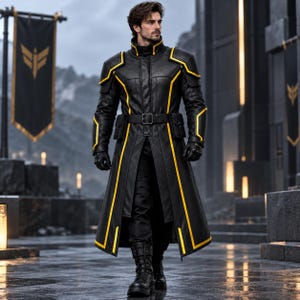 Pode incluir: Um casaco comprido de couro preto com ombreiras estruturadas, gola alta e detalhes em vivo amarelo. O casaco inclui um cinto a condizer com fivela, dois bolsos laterais utilitários e mangas compridas, usado com calças pretas e botas.