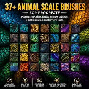 Könnte beinhalten: Eine digitale Sammlung von über 37 Tierschuppen-Pinseln für Procreate, mit einem Raster aus 35 quadratischen Mustern, die verschiedene texturierte Reptilien- und Drachenhautmuster in Blau-, Grün-, Gold-, Lila- und Orangetönen zeigen.