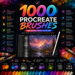 Puede incluir: Un anuncio de producto digital para 1000 pinceles Procreate que muestra una tableta con un paisaje de montaña, un lápiz óptico blanco y varios iconos y etiquetas de texto que detallan categorías como óleo, acuarela y tinta.