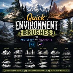 May include: A digital product display for Quick Environment Brushes for Photoshop and Procreate. The image features four landscape scenes at the top and a grid of white brush stroke samples labelled Mountains, Rocks & Cliffs, Trees, Forest Foliage, Bushes, Grass, Clouds, Fog & Mist, Water, Sky Strokes, Ground Texture, and Detail Strokes.