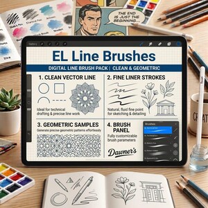 Könnte beinhalten: Ein digitales Tablet mit einer Grafik namens EL Line Brushes, die vier Abschnitte mit Strichzeichnungen zeigt, darunter geometrische Muster, florale Skizzen und Vektorlinien, sowie ein Pinsel-Panel-Menü und den Markennamen Dawner's.