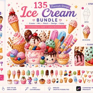 Op de afbeelding: Een digitale set van 135 Procreate-stempels met ijshoorntjes, ijsjes, bakjes en toppings. De afbeelding toont diverse kleurrijke dessertillustraties, een stapsgewijze demonstratie en close-up details voor creatieve ontwerpprojecten.