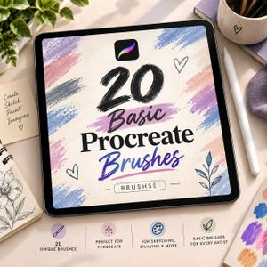 May include: A digital tablet screen displaying a graphic with the text 20 Basic Procreate Brushes. The background features pastel brush strokes in pink, purple, and blue, along with small hand-drawn hearts and a leaf illustration on a cream surface.