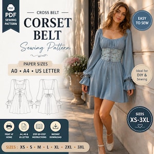 May include: A digital sewing pattern for a cross belt corset and dress, featuring text labels for paper sizes A0, A4, and US Letter. The design includes a light blue long-sleeve dress with a lace-up corset belt, shown in a technical line drawing.