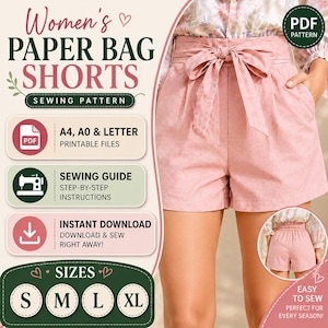 Può includere: Un cartamodello digitale per pantaloncini a vita alta, con il testo Women's PAPER BAG SHORTS SEWING PATTERN, A4, A0 & LETTER PRINTABLE FILES, SEWING GUIDE, INSTANT DOWNLOAD, e SIZES S, M, L, XL. I pantaloncini sono di colore rosa chiaro.