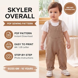 Baby Toddler Overalls PDF Sewing Pattern | Skyler Overalls with Pocket | Kids Sizes 6M–9/10Y | A0 A4 US Letter Instant Download