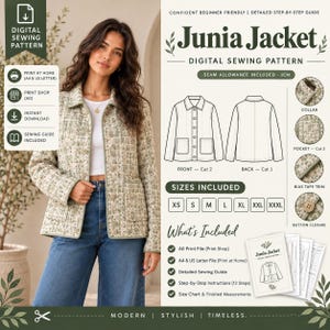 May include: A digital sewing pattern for the Junia Jacket, featuring a light-colored floral print jacket with a collar, button closure, and two front pockets. The image includes technical line drawings, size charts from XS to XXXL, and a list of included files like A4 and US Letter formats, plus a detailed sewing guide with 12 steps.