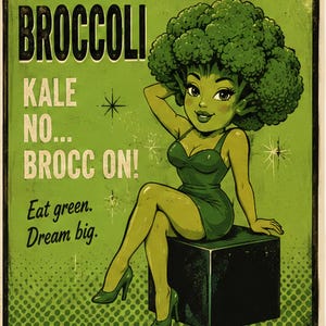 Könnte beinhalten: Ein grün gehaltenes Poster mit einer stilisierten Figur mit brokkoliförmigem Haar, die ein dunkelgrünes Kleid und Absätze trägt und auf einem schwarzen Würfel sitzt. Der Text lautet: BROCCOLI, KALE NO... BROCC ON!, Eat green. Dream big.