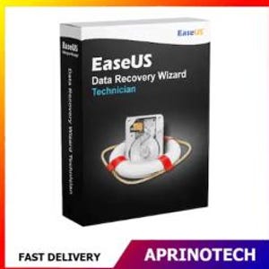 以下が含まれることがあります： EaseUS Data Recovery Wizard Technicianの黒い長方形のソフトウェアボックス。前面にはブランド名、製品タイトル、黒い背景に白と赤の救命浮環の中に入ったハードドライブのグラフィックが描かれています。
