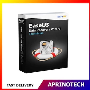 以下が含まれることがあります： EaseUS Data Recovery Wizard Technicianの長方形のソフトウェアボックス。黒い箱には白い文字、EaseUSのロゴ、そしてロープが付いた白と赤の救命浮環の中に置かれた銀色のハードディスクドライブのグラフィックが描かれています。