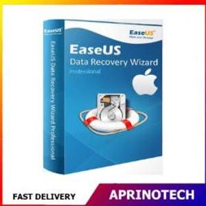 以下が含まれることがあります： EaseUS Data Recovery Wizard Professionalの青いソフトウェアボックス。前面にはEaseUSのロゴ、製品名、白いAppleロゴ、そして白と赤の救命浮輪の中に置かれたハードドライブのグラフィックが描かれています。