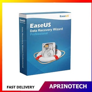 Peut inclure: Une boîte de logiciel bleue pour EaseUS Data Recovery Wizard Professional. Le devant présente le logo EaseUS, le nom du produit et un graphique d'un disque dur placé à l'intérieur d'une bouée de sauvetage blanche et rouge avec une corde.