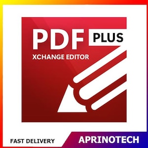 Peut inclure: Une icône numérique carrée avec un fond dégradé rouge et un graphique de crayon blanc. Le texte indique PDF PLUS XCHANGE EDITOR en blanc, avec APRINOTECH et FAST DELIVERY imprimés en blanc en bas sur un accent d'angle violet.