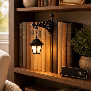 Puede incluir: Un sujetalibros de metal negro con forma de farol de pared, que presenta un soporte con volutas ornamentadas y una lámpara colgante con un brillo cálido, situado entre libros antiguos en un estante de madera junto a un pequeño letrero negro con la etiqueta NO.1.