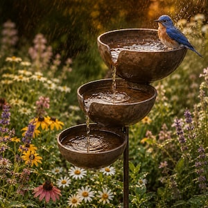 Peut inclure: Une fontaine à eau en métal à trois niveaux avec des bols marron rustiques empilés verticalement sur un mât central. L'eau s'écoule du bol supérieur vers le bas. Un petit oiseau bleu et orange est perché sur le bord du bol supérieur sous la pluie.