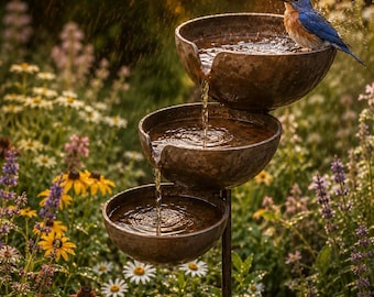 Vogelbad met 3 niveaus en waterval op een paal, rustieke regenopvanger voor in de tuin, metalen waterpartij voor vogels, vlinders en bijen, cadeau voor een landelijke tuin