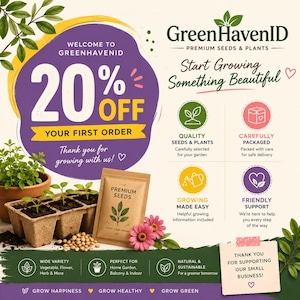 May include: A promotional graphic for GreenHavenID featuring a 20% off discount offer, a brown paper packet of premium seeds, a seedling starter tray with green sprouts, and icons detailing quality seeds, careful packaging, and support services.