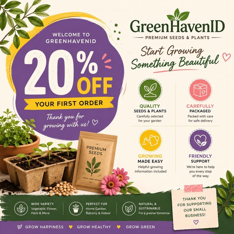 May include: A promotional graphic for GreenHavenID featuring a 20% off discount offer, a brown paper packet of premium seeds, a seedling starter tray with green sprouts, and icons detailing quality seeds, careful packaging, and support services.