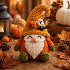 May include: A crocheted gnome figurine featuring a tall orange hat adorned with a small pumpkin, a white ghost, a black bat, and a dangling black spider. The gnome has a white beard, a round nose, and green hands and feet on an orange body.