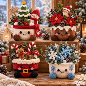 May include: Four crocheted planters with smiling faces, each filled with holiday decor: a snowman with a tree and Let it Snow sign, a bird with poinsettias, a gingerbread man with candy canes, and a white planter with blue snowflakes.