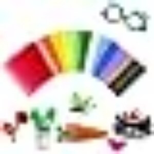 May include: A collection of colorful craft items including a rainbow-colored fan of paper sheets, a pair of black glasses, a red musical note, a green cactus, a brown carrot, a black and white patterned object, and a small purple heart shape.