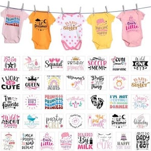May include: Five baby bodysuits in pink, orange, white with pink dots, yellow, and light pink hanging on a line, each with unique text designs. Below are forty-two individual rectangular graphic prints featuring various slogans and illustrations.