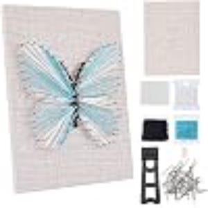 May include: A string art kit featuring a butterfly design on a light gray board. The kit includes light blue and white thread, a black plastic tool, a small black block, a white square piece, and a pile of silver metal nails for assembly.