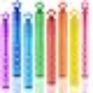 May include: A set of eight translucent plastic bubble solution wands arranged in a vertical row. The wands feature a cylindrical container with a small circular loop at the top, appearing in a spectrum of colors including purple, blue, light blue, green, red, orange, yellow, and pink.