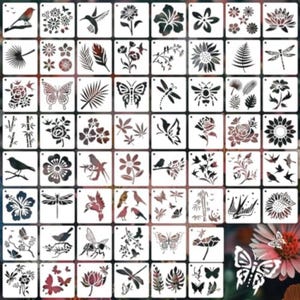 Puede incluir: Una colección de plantillas cuadradas con diseños gráficos negros de elementos naturales que incluyen pájaros, mariposas, libélulas, abejas, varias flores, hojas y tallos de bambú dispuestos en un patrón de cuadrícula sobre fondo blanco.
