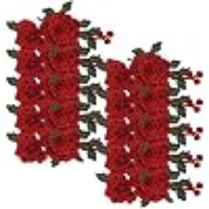 May include: Two identical vertical embroidered patches featuring a dense arrangement of deep red roses with dark green leaves and stems. The floral design is elongated and symmetrical, showcasing intricate thread work that defines each petal and leaf.