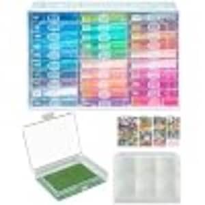 May include: A large rectangular storage box containing numerous small, colorful rectangular blocks arranged in a grid. Below, an open clear plastic container holds a green rectangular block, alongside a set of small, multi-colored square tiles.