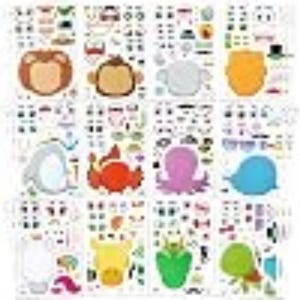 May include: A collection of twelve sticker sheets featuring various cartoon animal faces and assorted facial features including eyes, noses, mouths, and accessories like hats and glasses, arranged in a grid format with colourful, flat graphic designs.