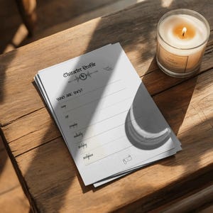 Peut inclure: Une feuille de profil de personnage en papier blanc avec du texte noir comprenant l'en-tête Character Profile et la section Who Are They? suivie de lignes pour le nom, l'âge, les pronoms, la sexualité, l'anniversaire et le lieu de naissance.