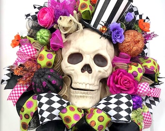 XL Halloween Wreath - Mr Bones Wreath - Wreath for Door - Deco Mesh Wreath - Halloween Decor - Day of the Dead - Skull Wreath