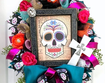 Halloween Wreath - Sugar Skull - Día de Muertos - Halloween Wreath - Day of the Dead Decor - Halloween Decoration - Door Wreath