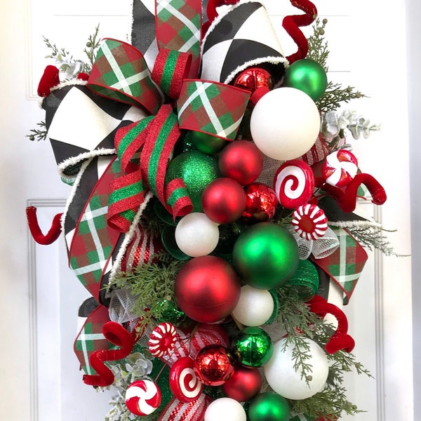 Red and Green Swag Wreath For Front Door - Christmas Wreath - Christmas Decorations - Wreaths Christmas - Garland Christmas - Holiday Decor